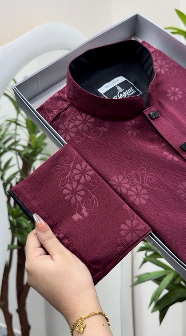 Floral Zaffran Panjabi (Exclusive) Premium embossed fabric code - R5468